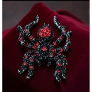 Big‎ Red & Black Spider Brooch Rhinestone Halloween Big Spider Tarantula  Pin